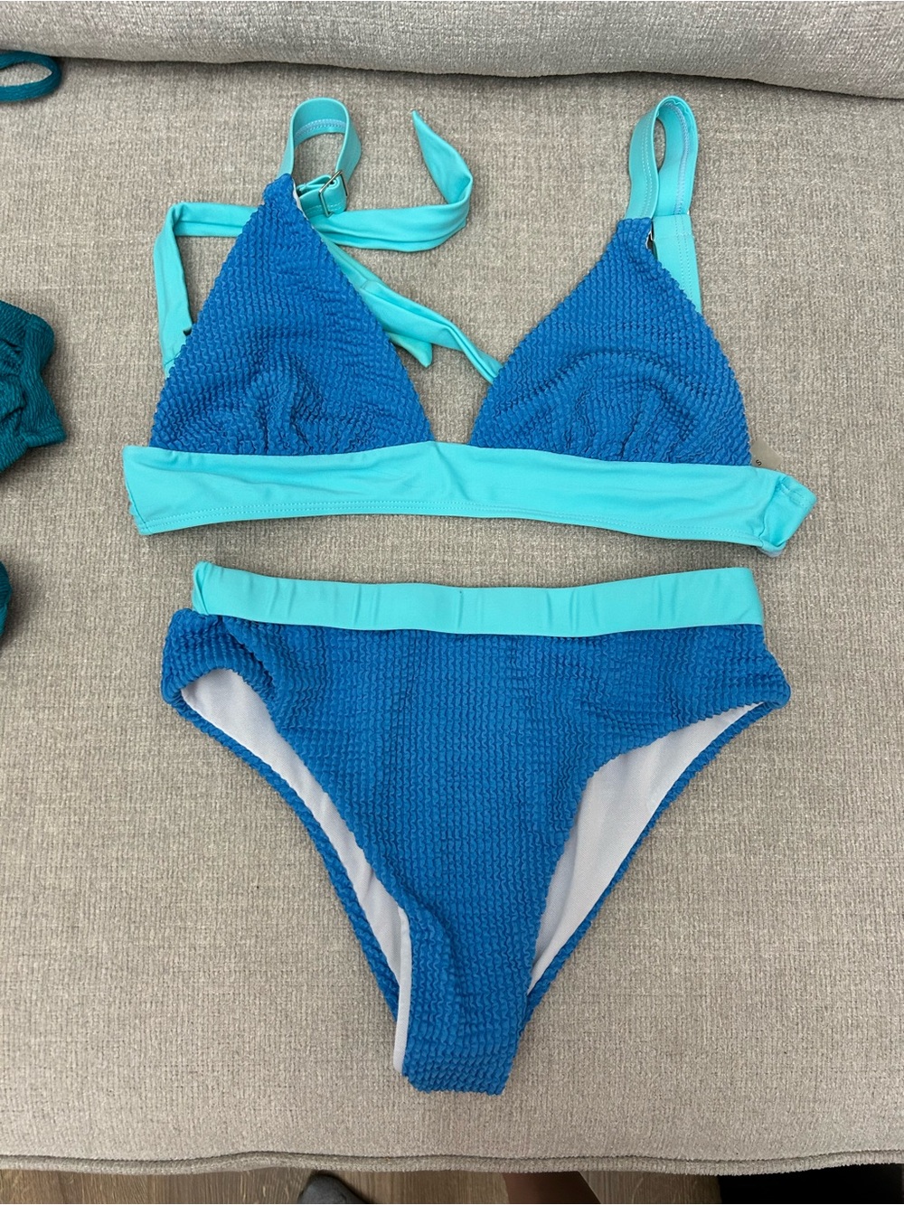 Textured Two-Tone Blue Bikini Set